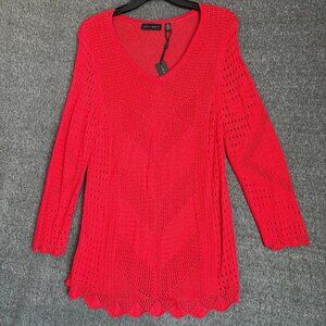 Investments New Red crocheted Knit longsleeve v-neck Pullover top SzXL
